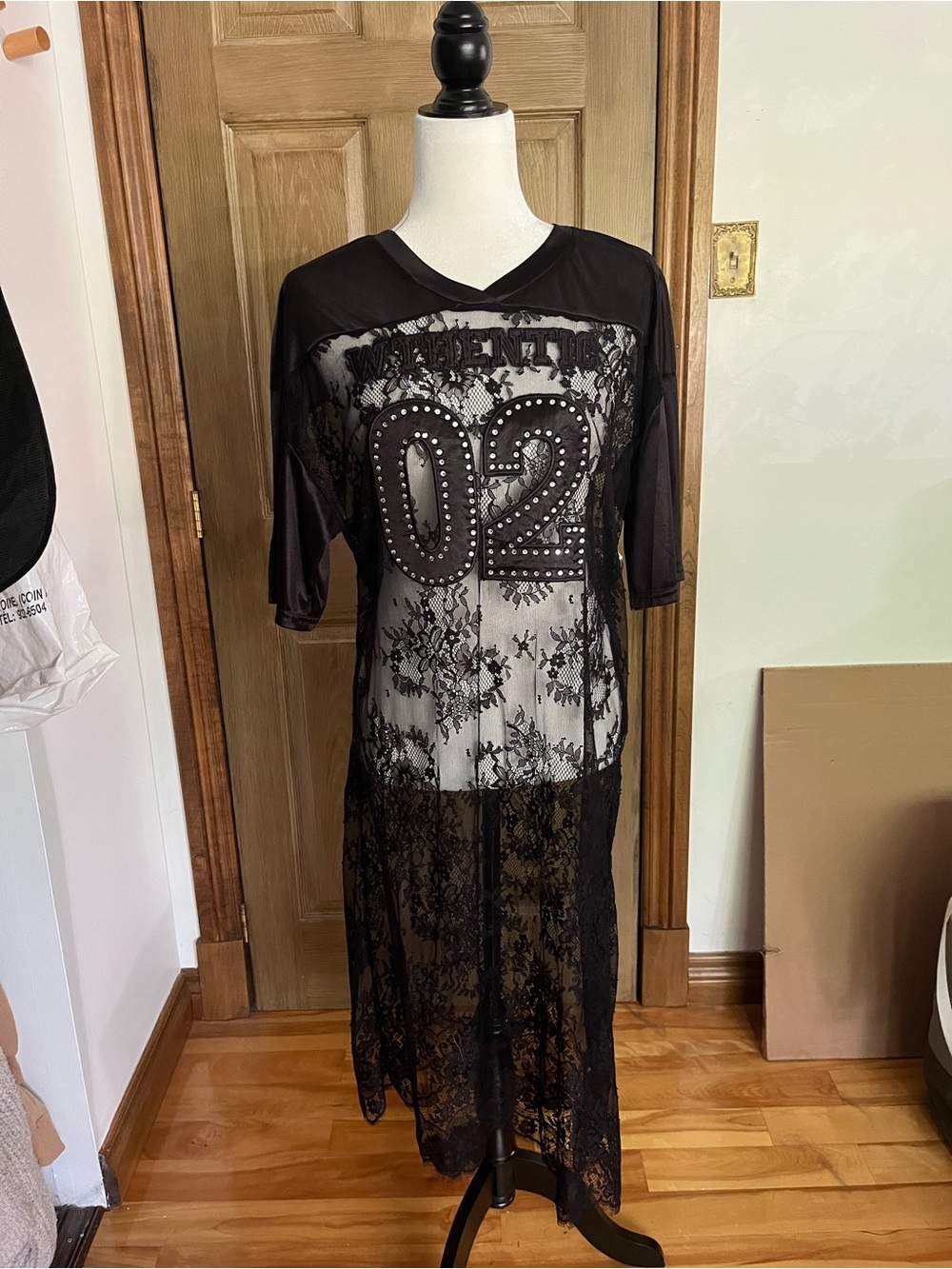 Simons Sheer Black Lace Longline Dress with Studded '02' Applique